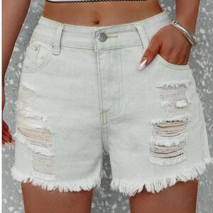 Distressed White Denim Shorts